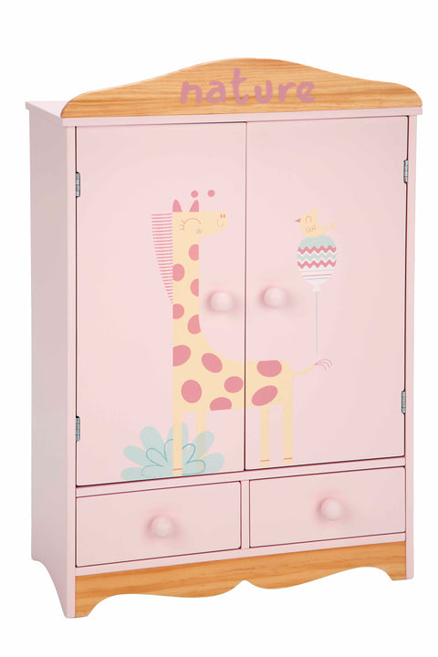 Arias medinė rožinė lėlių drabužių spinta su stalčiais ir 5 pakabomis vaikams