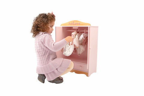 Arias medinė rožinė lėlių drabužių spinta su stalčiais ir 5 pakabomis vaikams
