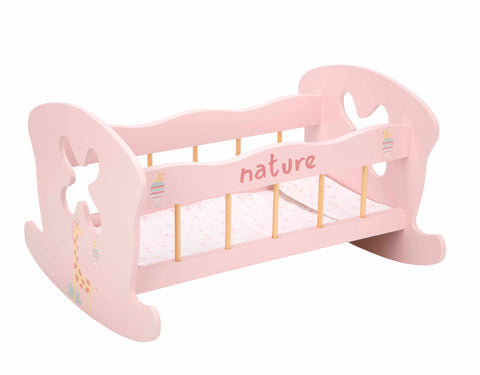 Arias medinė supama lėlių lovytė, rožinė, su pataliukais (iki 45 cm)