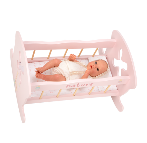 Arias medinė supama lėlių lovytė, rožinė, su pataliukais (iki 45 cm)