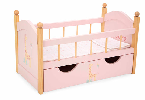 Arias medinė lėlių lovytė su stalčiumi ir patalyne, rožinė (iki 45 cm)