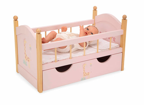 Arias medinė lėlių lovytė su stalčiumi ir patalyne, rožinė (iki 45 cm)