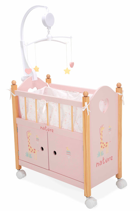 Arias medinė lėlių lovytė su spinta, karusele ir patalyne (iki 45 cm)