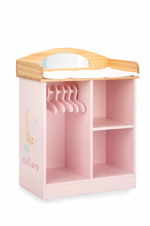 Arias medinis lėlių vystymo stalas su spinta ir pakabomis, rožinis, vaikams 3+