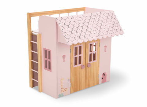 Arias medinė lėlių lovytė–namelis su pataliukais, rožinė, iki 45 cm