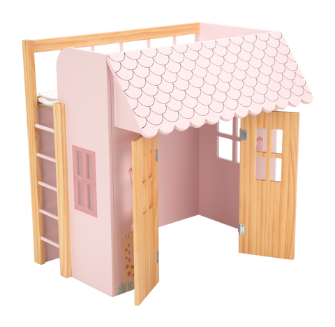 Arias medinė lėlių lovytė–namelis su pataliukais, rožinė, iki 45 cm