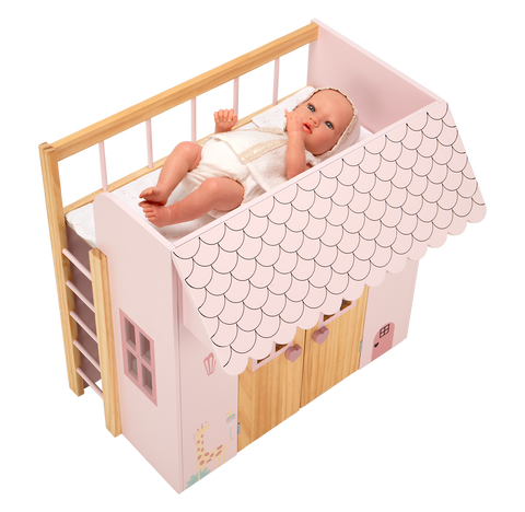 Arias medinė lėlių lovytė–namelis su pataliukais, rožinė, iki 45 cm
