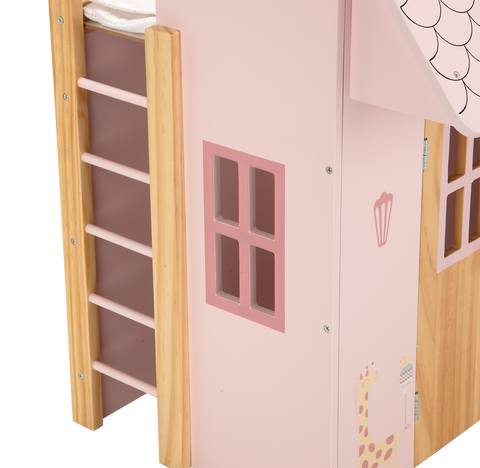 Arias medinė lėlių lovytė–namelis su pataliukais, rožinė, iki 45 cm
