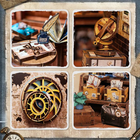 Surenkama medinė knygų diorama–laikiklis su LED „Journey Trace Bookshop“