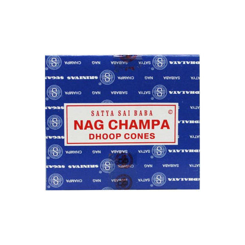 Nag Champa dhoop kūgeliai, Satya Sai Baba prekės ženklas, mėlyna kvadratinė pakuotė, pardavimo pakuotė su apie 15 kūgelių