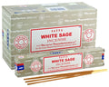 satya white sage smilkalai — 15 g dėžutė ir ilgos lazdelių pakuotės komplektas, pilka pakuotė su raudonu logotipu