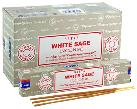 satya white sage smilkalai — 15 g dėžutė ir ilgos lazdelių pakuotės komplektas, pilka pakuotė su raudonu logotipu
