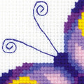 Kryželių siuvinys – artimas violetinės ir rožinės drugelio kampo fragmentas ant Aida drobės su spiralėmis antenomis