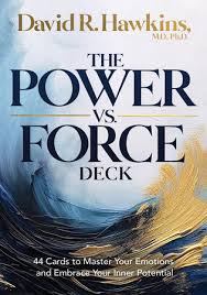 Kortų kaladė The Power vs. Force (David R. Hawkins), mėlynas ir auksinis priekinis viršelis, 44 kortos, skirtos emocijų valdymui