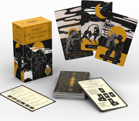 Tarot kortos juodo ir aukso dizaino, komplekte dekoratyvi dėžutė, kaladė ir aiškinimo kortelė