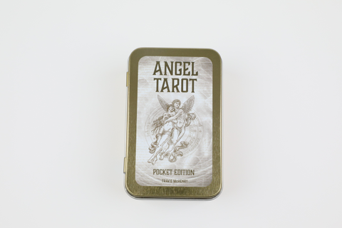 Angel Tarot kortų dėžutė, kišeninė metalinė auksinė versija su angelo iliustracija ant priekio ir "Pocket Edition" užrašu