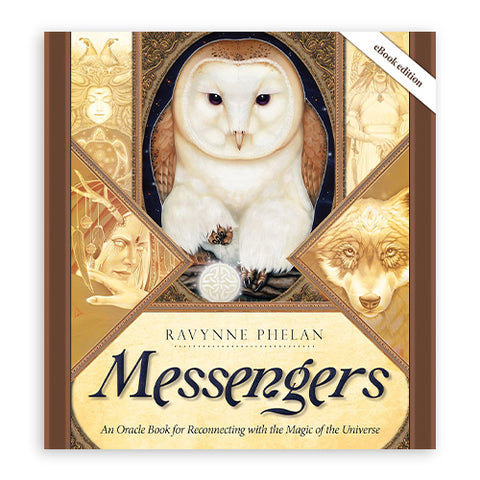 knyga Messengers Ravynne Phelan, auksinės ir smėlio spalvų viršelis su baltąja pelėda, e-knygos žymė viršuje