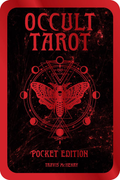 Tarot kortos Occult Tarot Pocket Edition — juodas dėklas su raudonu drugelio motyvu ir okultiniais ženklais, kompaktiškas leidimas