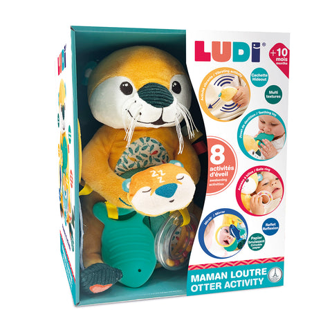 LUDI lavinamoji pliušinė ūdra „Mamytė“ 25 cm – su ūdriuku, kramtuku ir veidrodėliu, nuo 10 mėn.