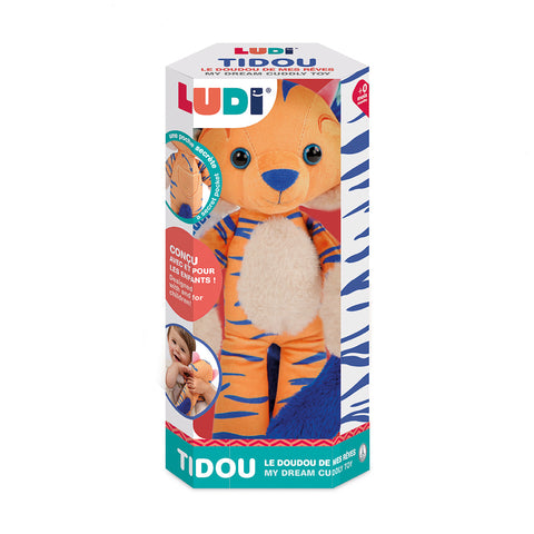 LUDI pliušinis tigriukas Tidou 30 cm – minkštas žaislas kūdikiams, su kišenėle, skalbiamas