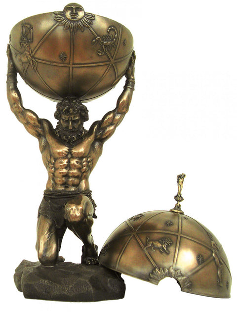 Statuetė bronzinė Atlaso 34 cm, tvirtai laikanti aukštą pasaulio kupolą; šalia matomas nuimtas kupolas, variantas su atidarymu