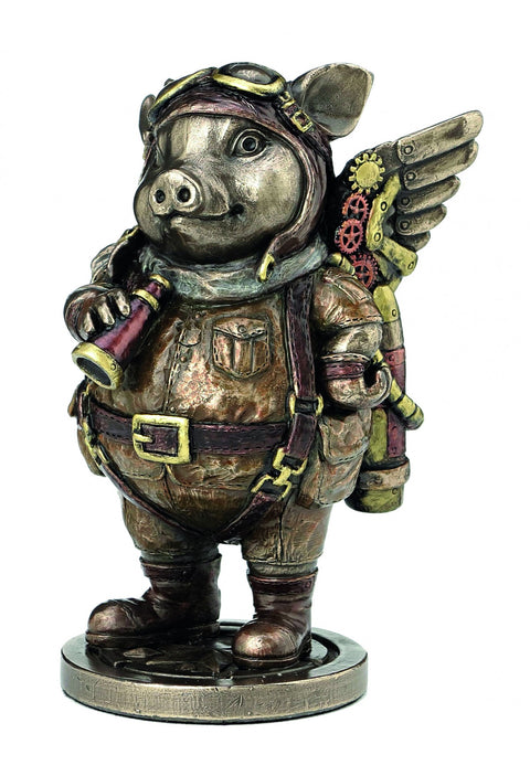 Skulptūra bronzinė aviatoriaus kiaulė su mechaninėmis sparnais ir žiūronu, priekinis viso kūno kampas, 18 cm aukštis
