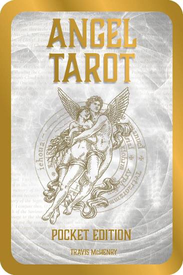 Angel Tarot kišeninė kortų dėžutė su auksiniu rėmeliu ir angelo iliustracija ant priekio, Travis McHenry