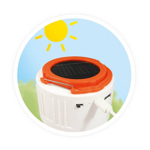 Įkraunamas stovyklavimo žibintas su Bluetooth garsiakalbiu ir powerbanku, USB/saulė