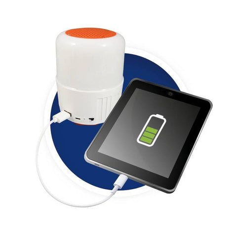 Įkraunamas stovyklavimo žibintas su Bluetooth garsiakalbiu ir powerbanku, USB/saulė