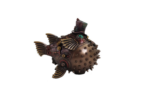 dekoratyvinė žuvis skulptūra, vario atspalvio steampunk pūslė su spygliais, mechaninėmis detalėmis ir cilindru, šonas
