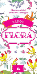 Tarot kortos Flora baltame dėkle su ryškiai rožine etikete, gėlių piešiniais ir Fair Winds logotipu