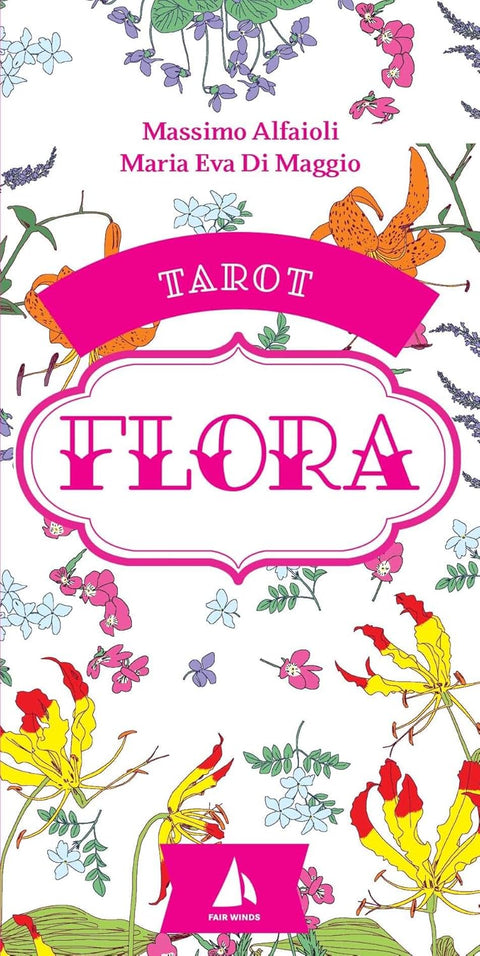 Tarot kortos Flora baltame dėkle su ryškiai rožine etikete, gėlių piešiniais ir Fair Winds logotipu