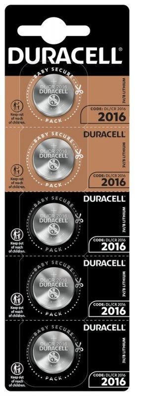 Duracell CR2016 DL2016 3V ličio monetinės baterijos, 5 vnt.