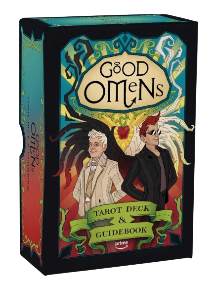 Good Omens tarot kortų rinkinys su vadovu, spalvota iliustruota dėžutė su Crowley ir Aziraphale piešiniais