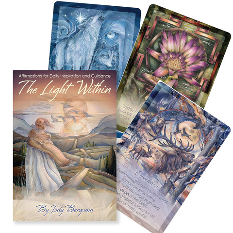 Afirmacijų kortos The Light Within (Jody Bergsma) su dėklu ir keturiomis iliustruotomis kortomis, išrikiuotomis ventiliatoriumi pirkimo puslapiui