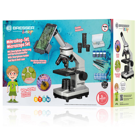 Bresser Biolux 40–1024x vaikiškas mikroskopas su priedais ir telefono laikikliu