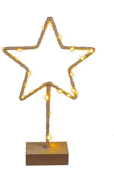 Pastatoma metalinė Kalėdų žvaigždė su LED ir mediniu padu, 35 cm