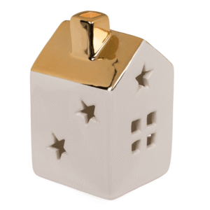 Dolomito kalėdiniai nameliai su LED apšvietimu, balti su auksiniu stogu, 2 vnt.