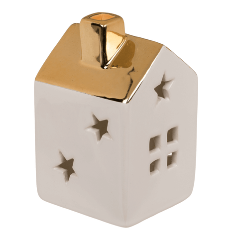 Dolomito kalėdiniai nameliai su LED apšvietimu, balti su auksiniu stogu, 2 vnt.