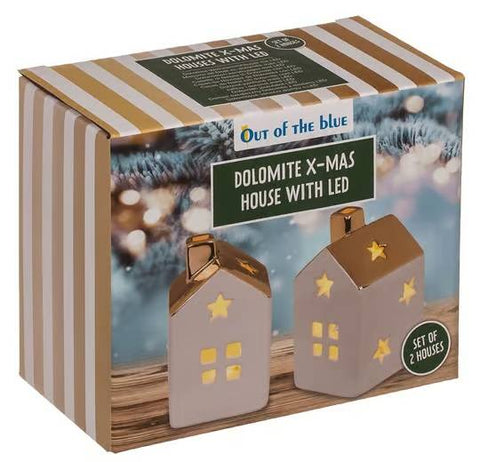 Dolomito kalėdiniai nameliai su LED apšvietimu, balti su auksiniu stogu, 2 vnt.