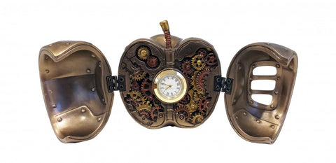 Steampunk laikrodis obuolio formos, atidarytas bronzinis korpusas su mažu apvaliu ciferblatu centre ir išryškintais krumpliais