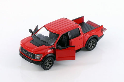 KiNSMART 2022 Ford F-150 Raptor žaislinis automobilis 1:46, raudonas, trauk-atgal, atidaromos durelės, licencijuotas