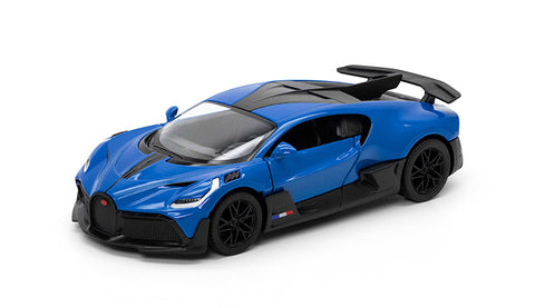 KiNSMART Bugatti Divo 1:36, mėlynas – licencijuotas žaislinis automobilis su atidaromomis durelėmis ir trauk-atgal mechanizmu