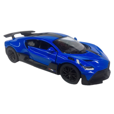 KiNSMART Bugatti Divo 1:36, mėlynas – licencijuotas žaislinis automobilis su atidaromomis durelėmis ir trauk-atgal mechanizmu