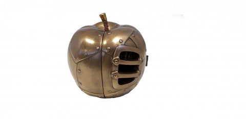 Obuolio formos seifas bronzinis, steampunk stiliaus su kniedžių panelėmis ir priekine grotelių anga, stalo dekoracija