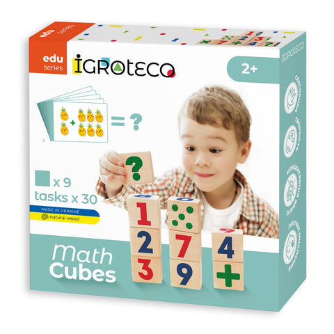 IGROTECO medinės matematinės kaladėlės vaikams – 9 vnt., 30 užduočių, 2+