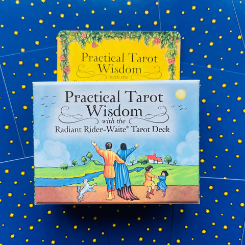 Practical Tarot Wisdom taro kortų rinkinys, mėlynos dėžutės priekinė pusė su šeimos ir šuns iliustracija bei žvaigždėtu fonu