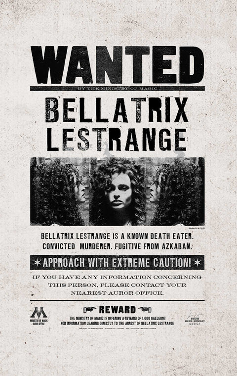 plakatas Wanted: Bellatrix Lestrange, juodai baltas seniškas 30×60 cm variantas, centre trijų kampų portretas ir įspėjantis tekstas