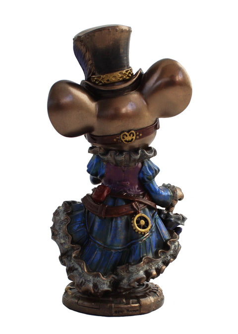 Figūrėlė steampunk stiliaus bronzinė‑mėlyna, 12 cm, su cilindru ir raukinėta suknele, rodoma iš nugaros