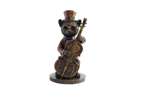 Steampunk katės figūrėlė su violončele, ruda‑pilka apdaila, skrybėle ir akiniais, stovinti ant apvalaus pagrindo